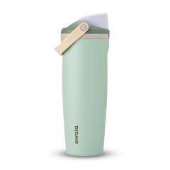 FreeSip Sway 32oz in Eucalyptus, sage green insulated water bottle with sage green flip cap, cream tan carry loop and lavender lid interior, lid open