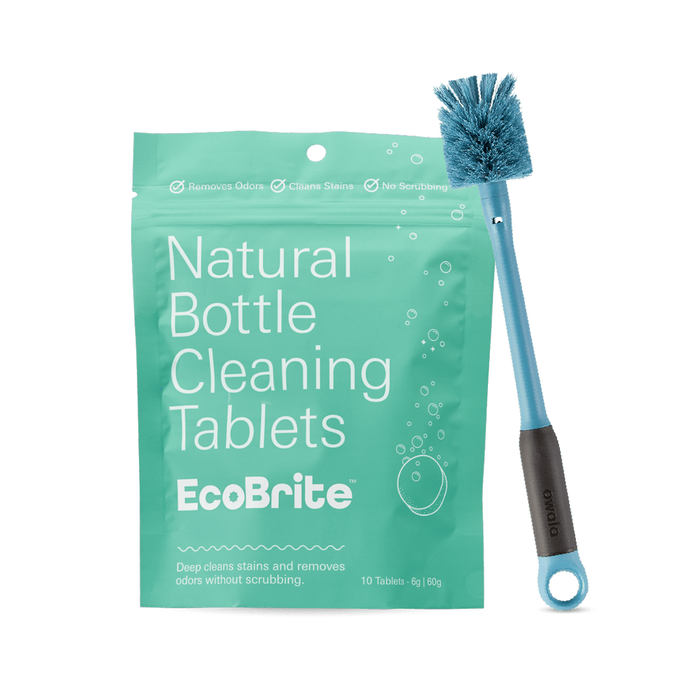 Bottle Cleaning Bundle; teal EcoBrite Natural Bottle Cleaning Tablets resealable packet beside a blue long-handled bottle brush with gray grip and loop ring