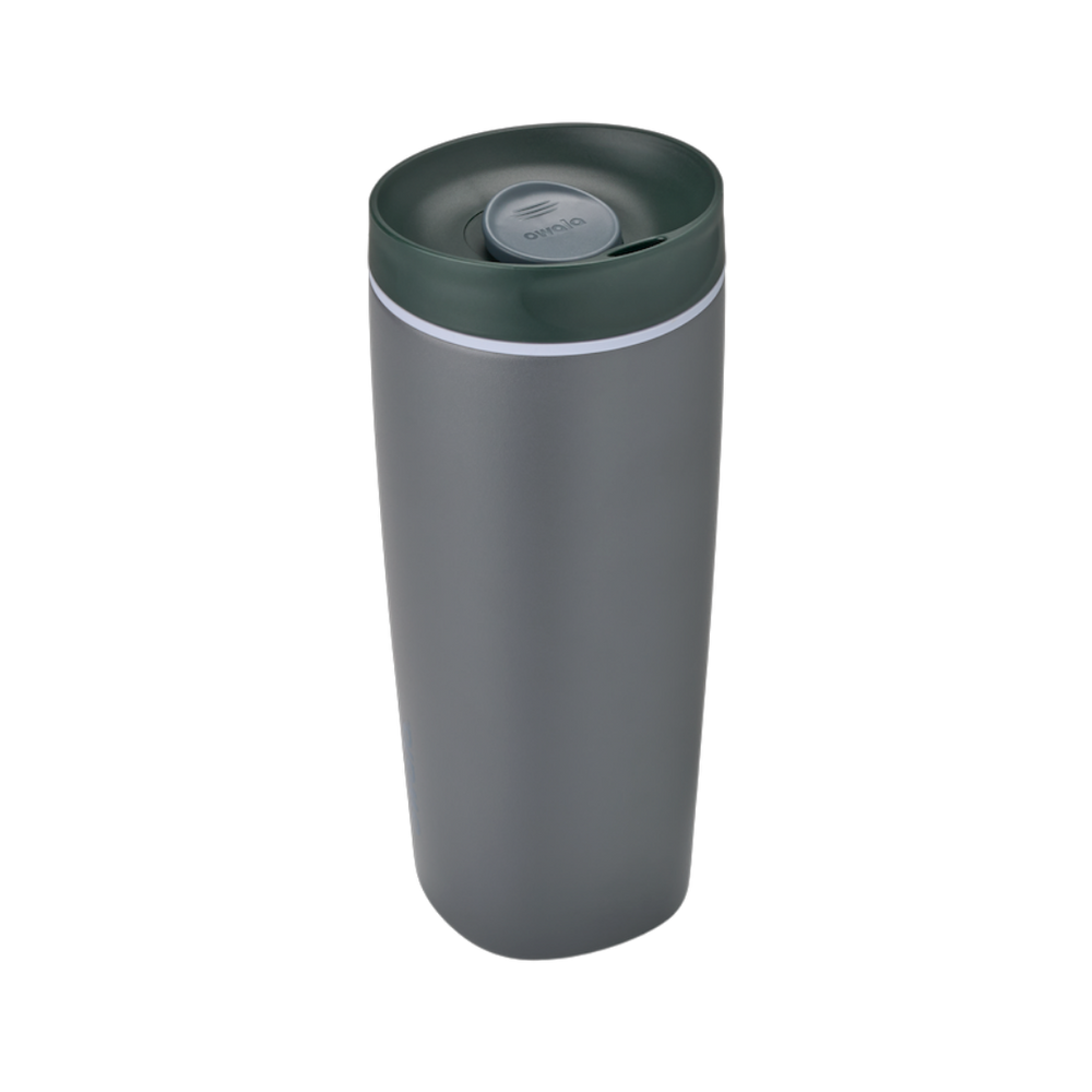 SmoothSip Slider 20oz in Off the Grid, dark charcoal grey body with dark green lid, light purple accent ring below the lid, and grey slider button