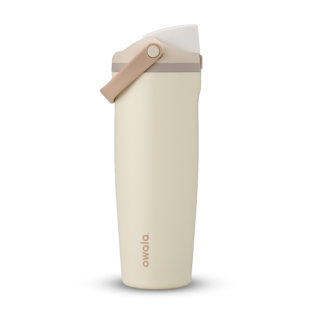 FreeSip Sway 32oz, warm off-white cream tumbler with beige flip cap and tan carry loop
