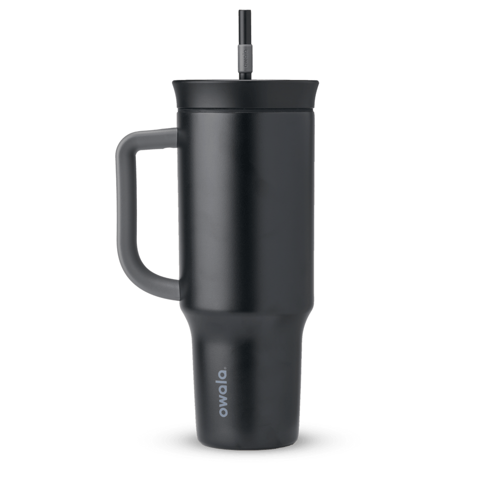 40oz Tumbler in Very, Very Dark, near-black charcoal insulated tumbler with matching dark grey handle, lid, and straw