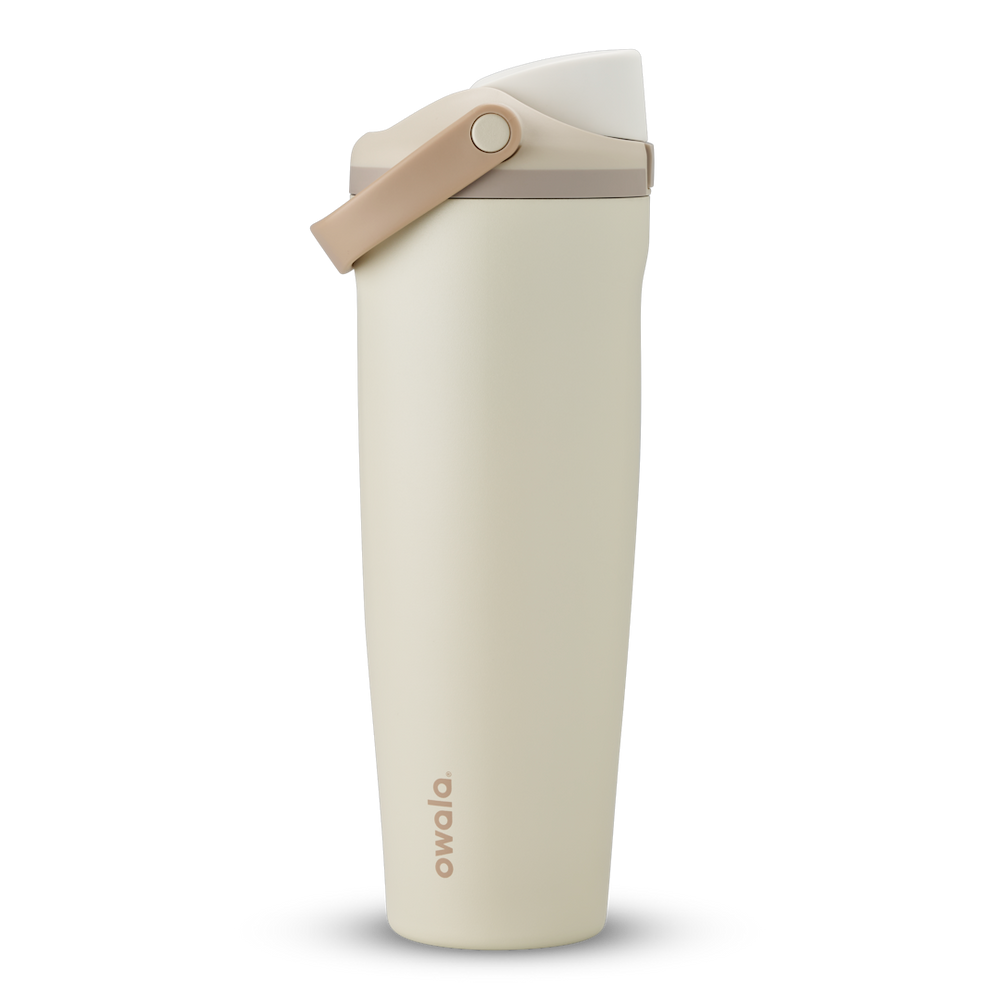FreeSip Sway 40oz, warm off-white cream tumbler with beige flip cap and tan carry loop; taller 40oz