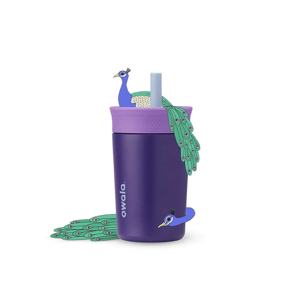 Kids' Tumbler 12oz in Peacock Palace; deep purple insulated tumbler with light lavender lid and pale blue straw, white Owala logo on front