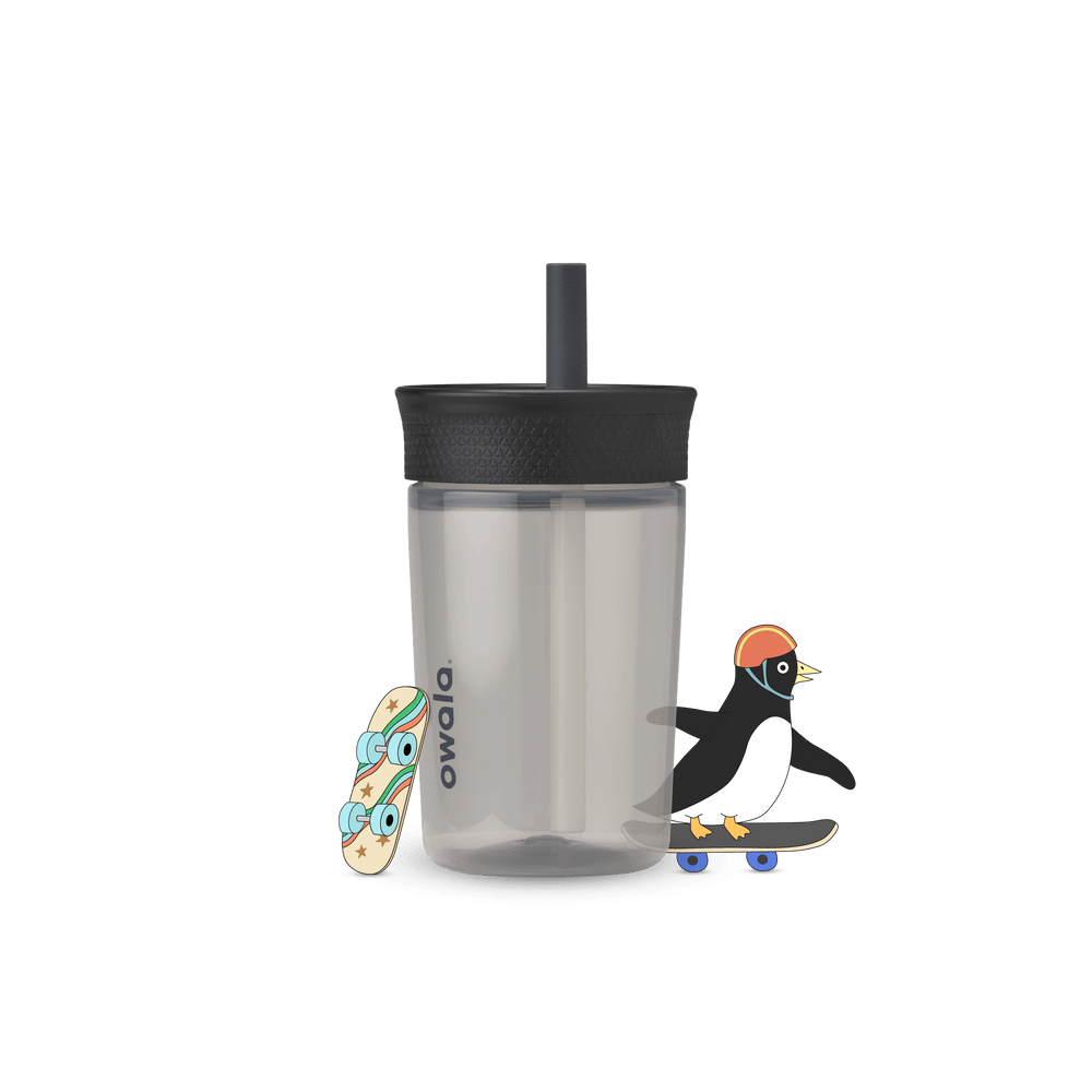 Kids' Tumbler 15oz in Skate Park; translucent smoke gray plastic body with black lid and matching black straw, black Owala logo on front