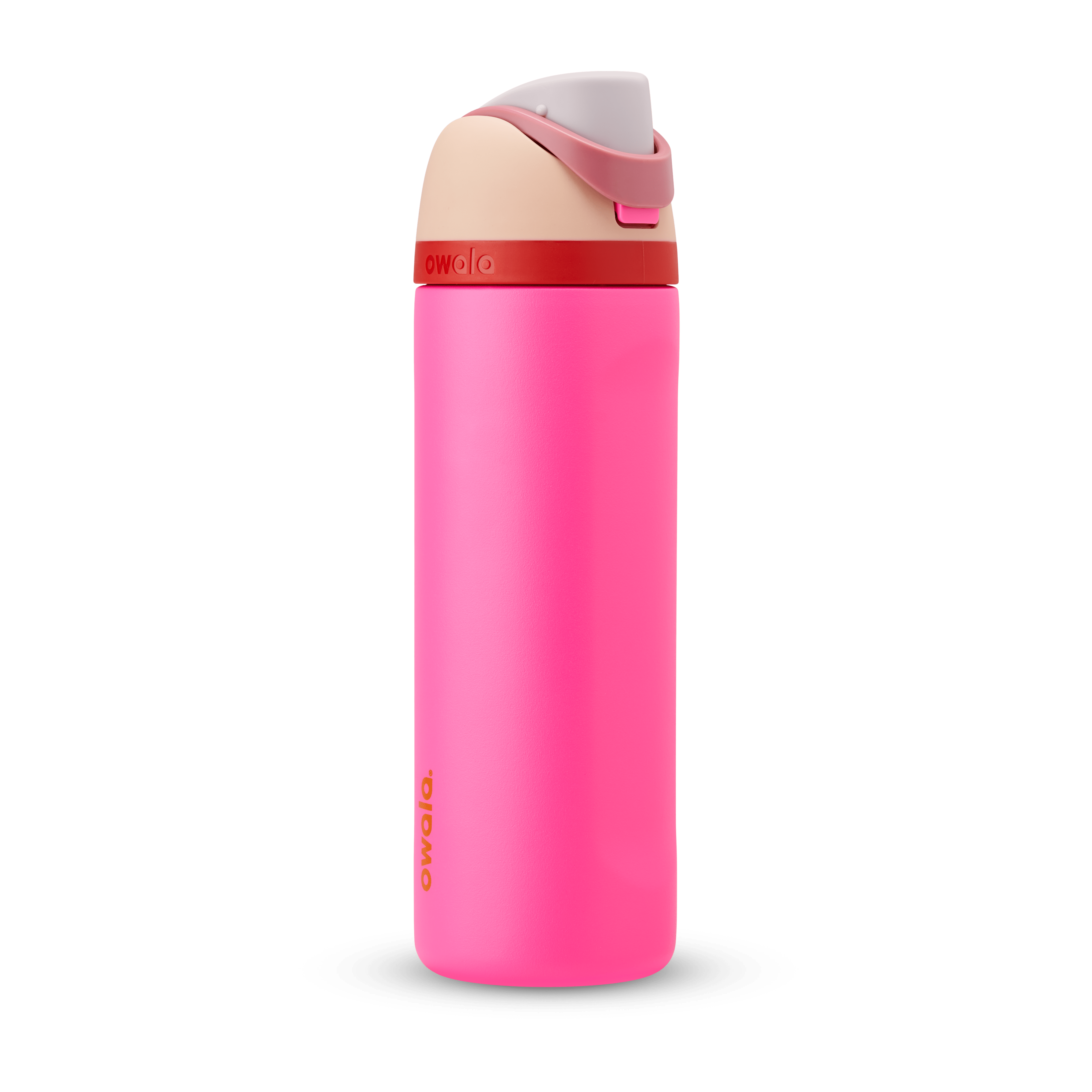 FreeSip 24oz in Can You See Me?, hot pink body with red accent band, peach flip cap, dusty rose carry loop, lavender lid, and orange logo