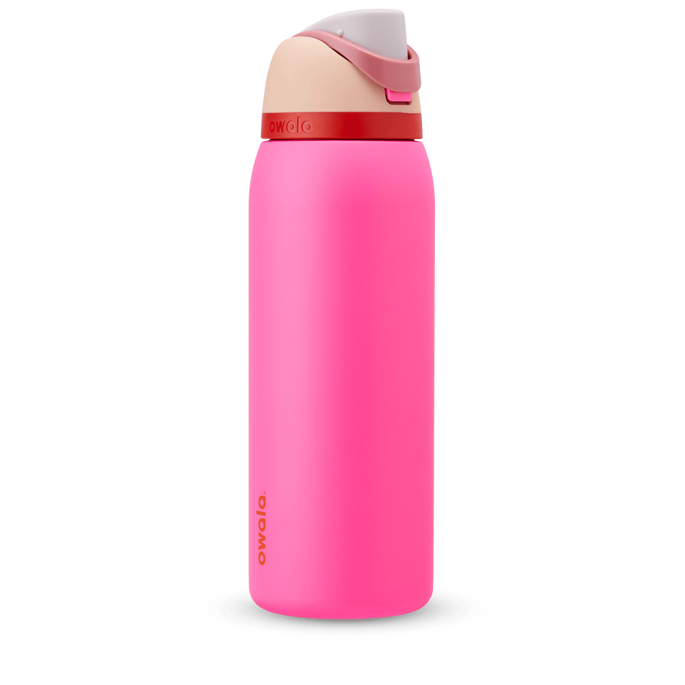 FreeSip 40oz water bottle, neon hot pink body with blush pink and dark rose color-block flip cap