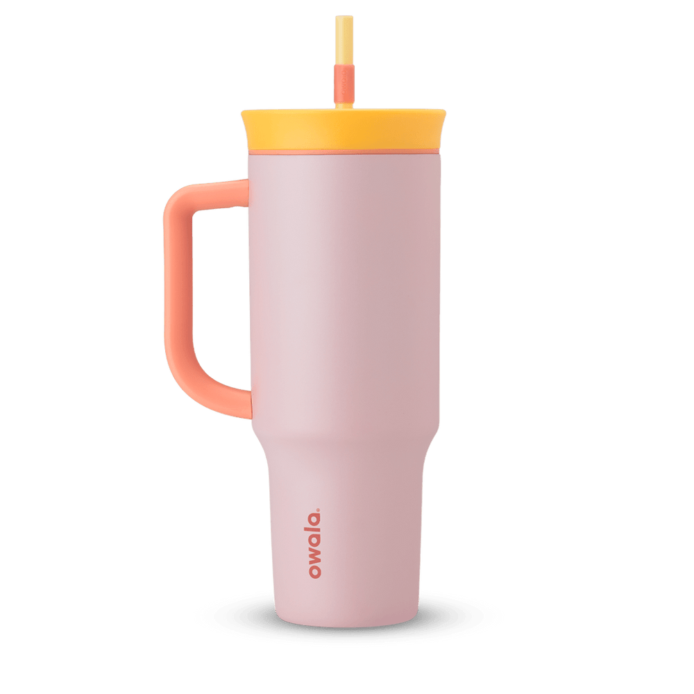 40oz Tumbler in Candy Store, soft blush pink insulated tumbler with coral handle, golden yellow lid, and straw