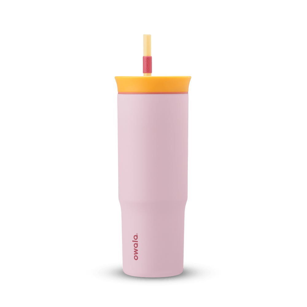 24oz Tumbler in Candy Store; blush pink body with yellow lid, coral accent ring, and yellow and red straw