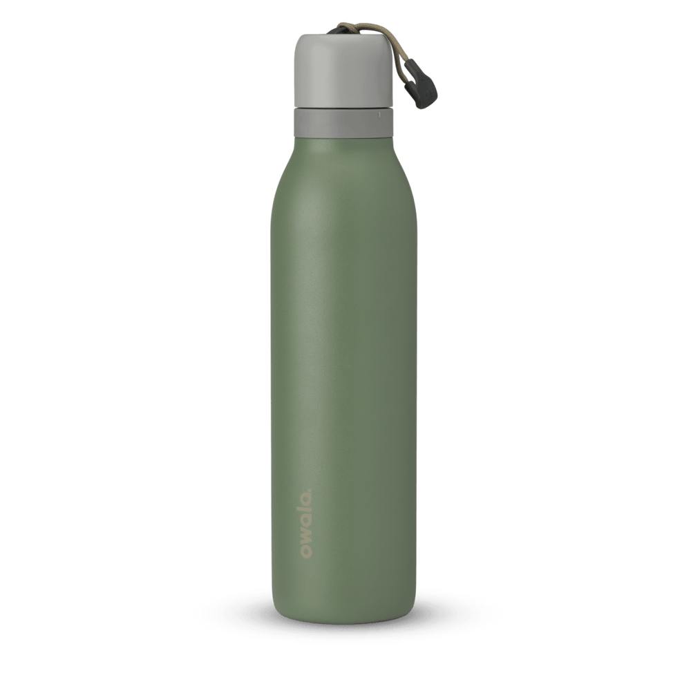 FreeSip Twist 24oz in Green House, deep olive green insulated water bottle with light gray twist cap, matching gray twist cap accent band, and olive carry string with dark gray grip