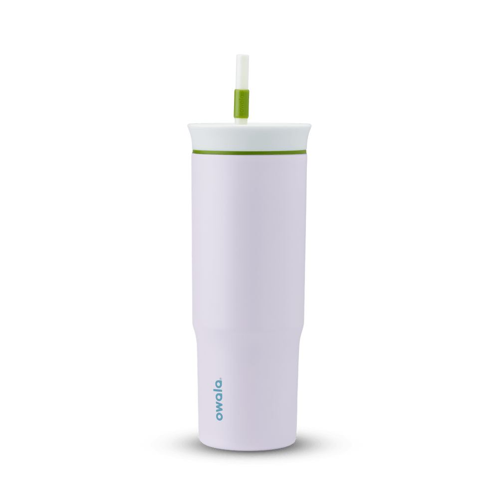 24oz Tumbler in Lost in Space; matte light lavender insulated tumbler with white lid, olive green accent ring, and white straw with green grip, Owala wordmark on front