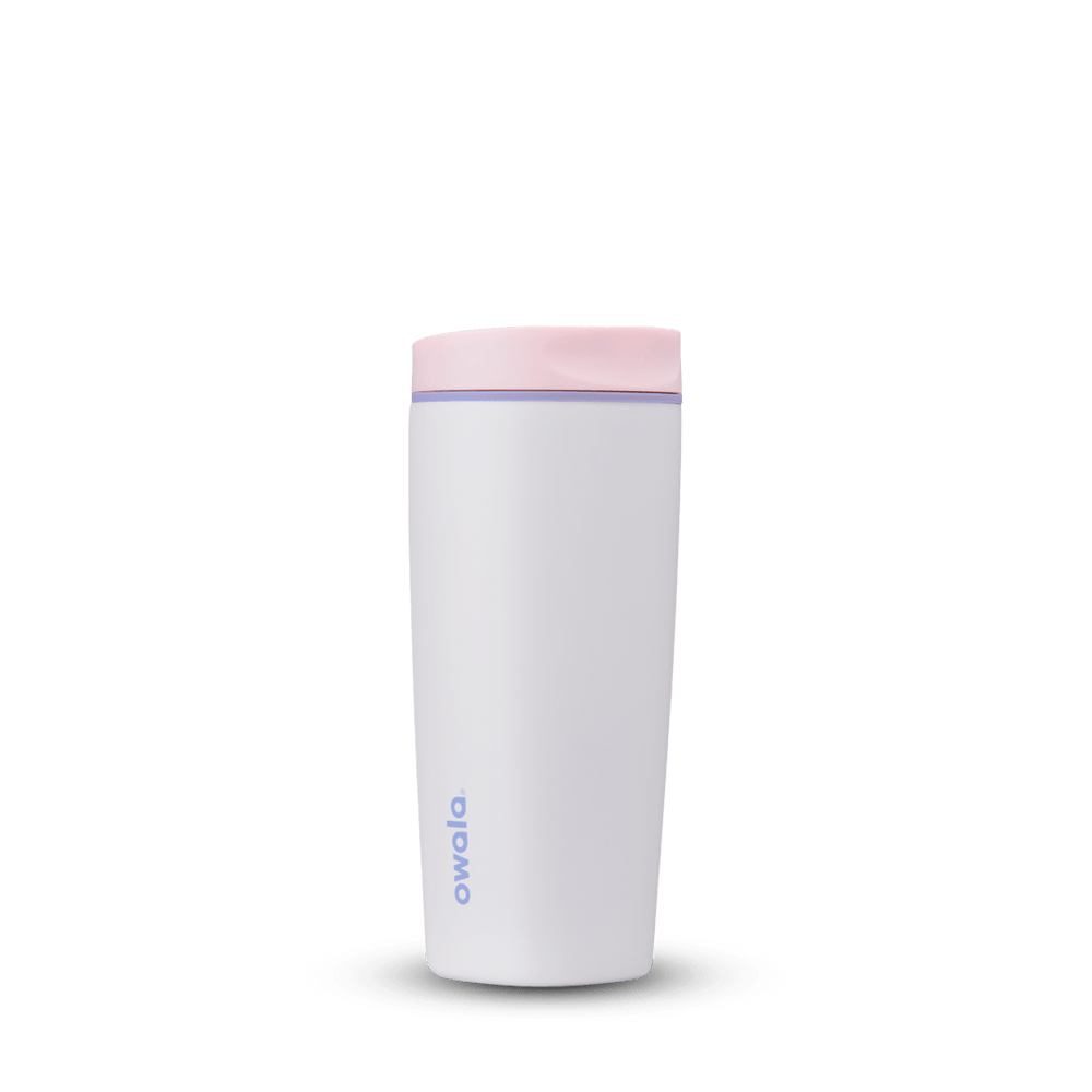 Full profile shot of the 20oz pink 'Candy Coated' SmoothSip Slider coffee mug.