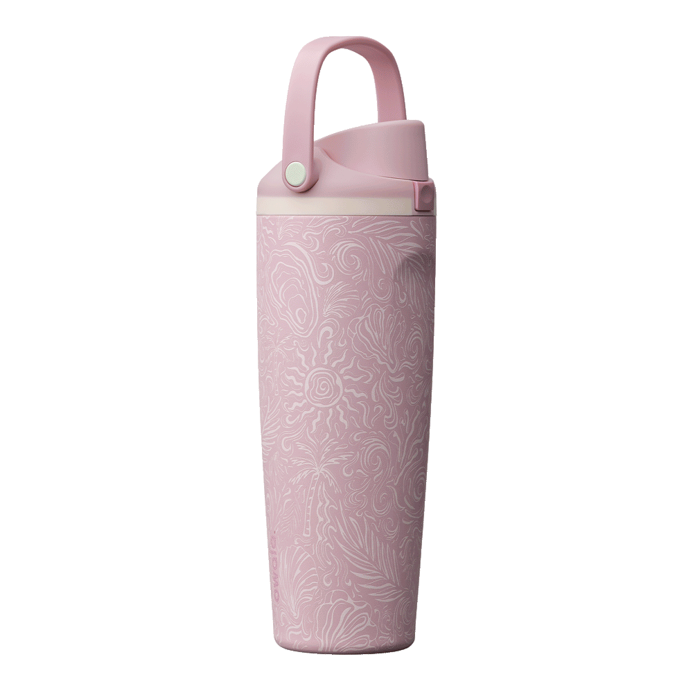 Owala Birthday Bash 40oz FreeSip Sway Coastal Bohemian; soft blush pink body with tone-on-tone subtle floral or bohemian texture, light pink flip cap and pink carry loop