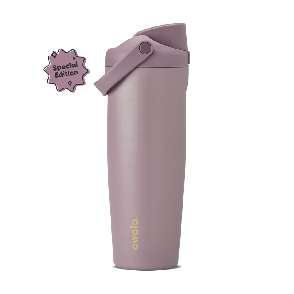 FreeSip Sway 30oz in Spring Revival, dusty mauve-purple insulated bottle with matching flip cap and carry loop, gold Owala logo