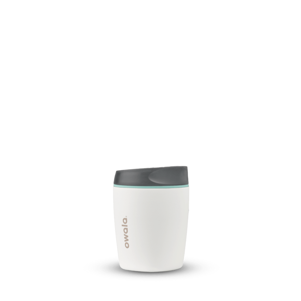 SmoothSip 10oz in Cloudscape, off-white cream tumbler body with charcoal gray flip-style lid and mint green accent ring