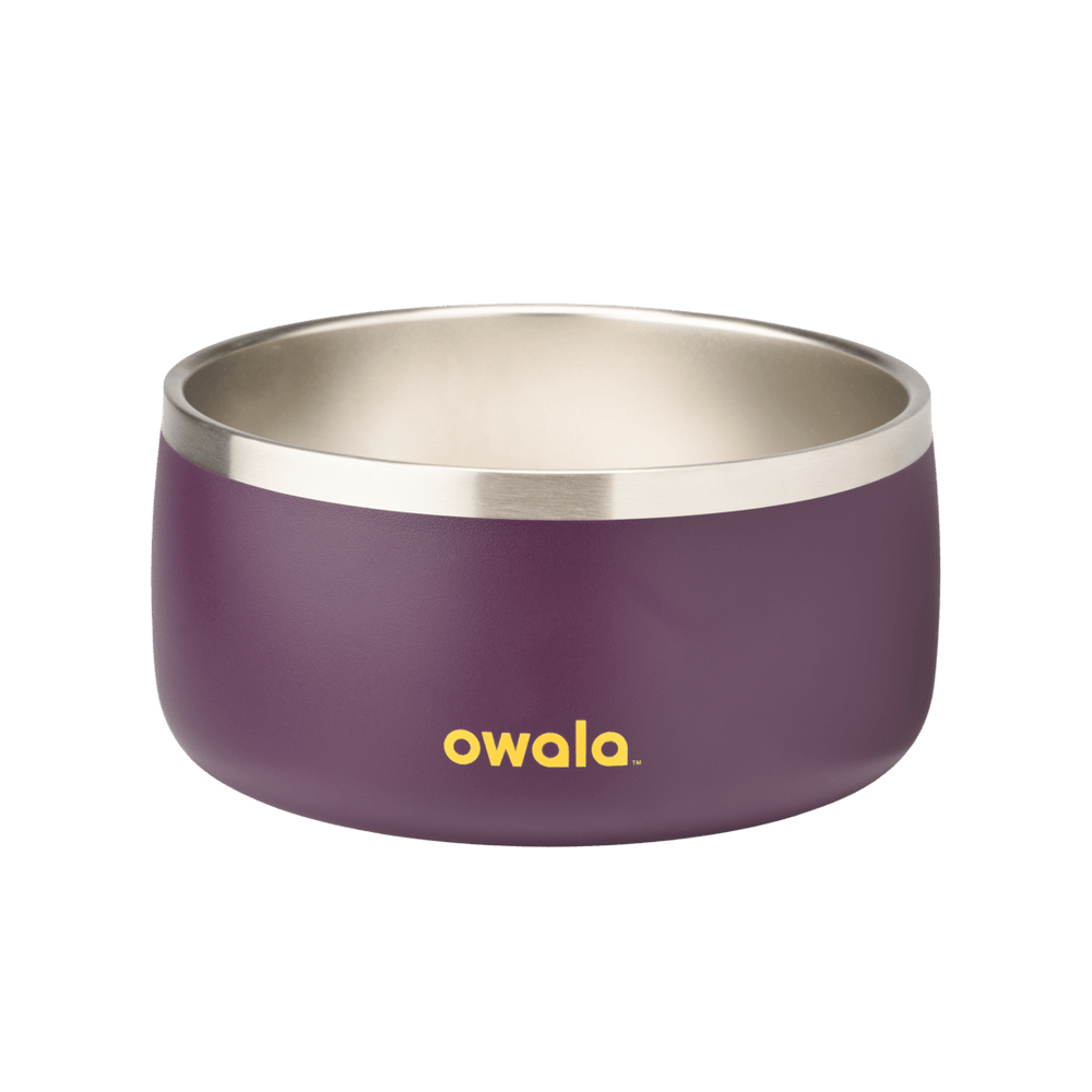 Pet Bowl 6-cup in Grapeful Fur You; matte deep purple cup exterior with stainless steel interior rim and yellow Owala logo on front