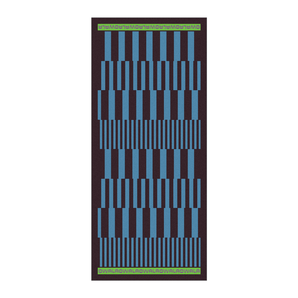 Owala Beach Towel in Retro Dive; geometric pattern of bright blue rectangular blocks on a dark brown background with green Owala logo borders at top and bottom