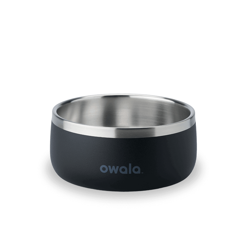 Pet Bowl 3-cup in Very Dark; matte black cup exterior with stainless steel interior rim and dark gray Owala logo on front