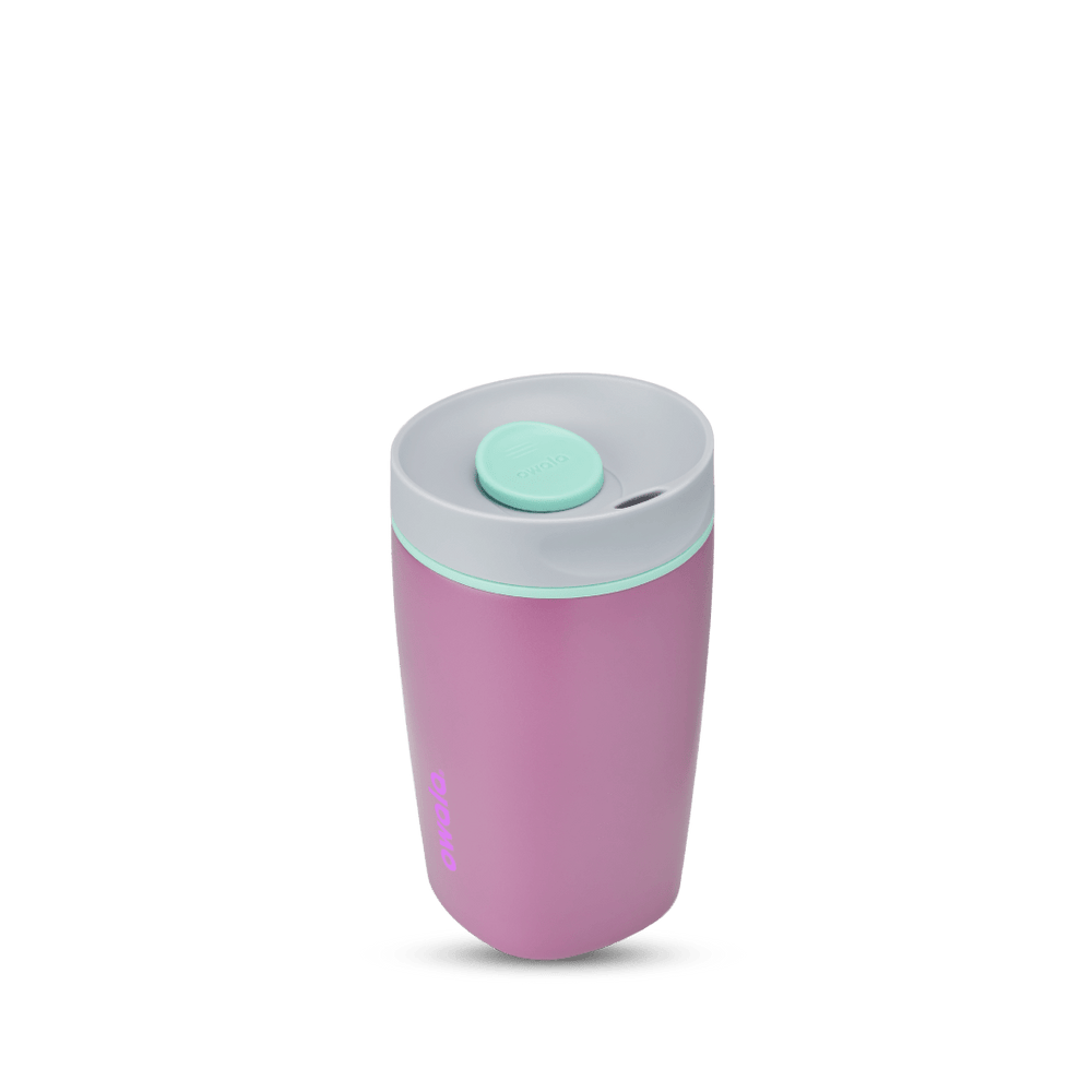 SmoothSip Slider 12oz in Plum Perfect, mauve purple body with light gray lid, mint green slider button, mint green accent ring, and magenta Owala logo