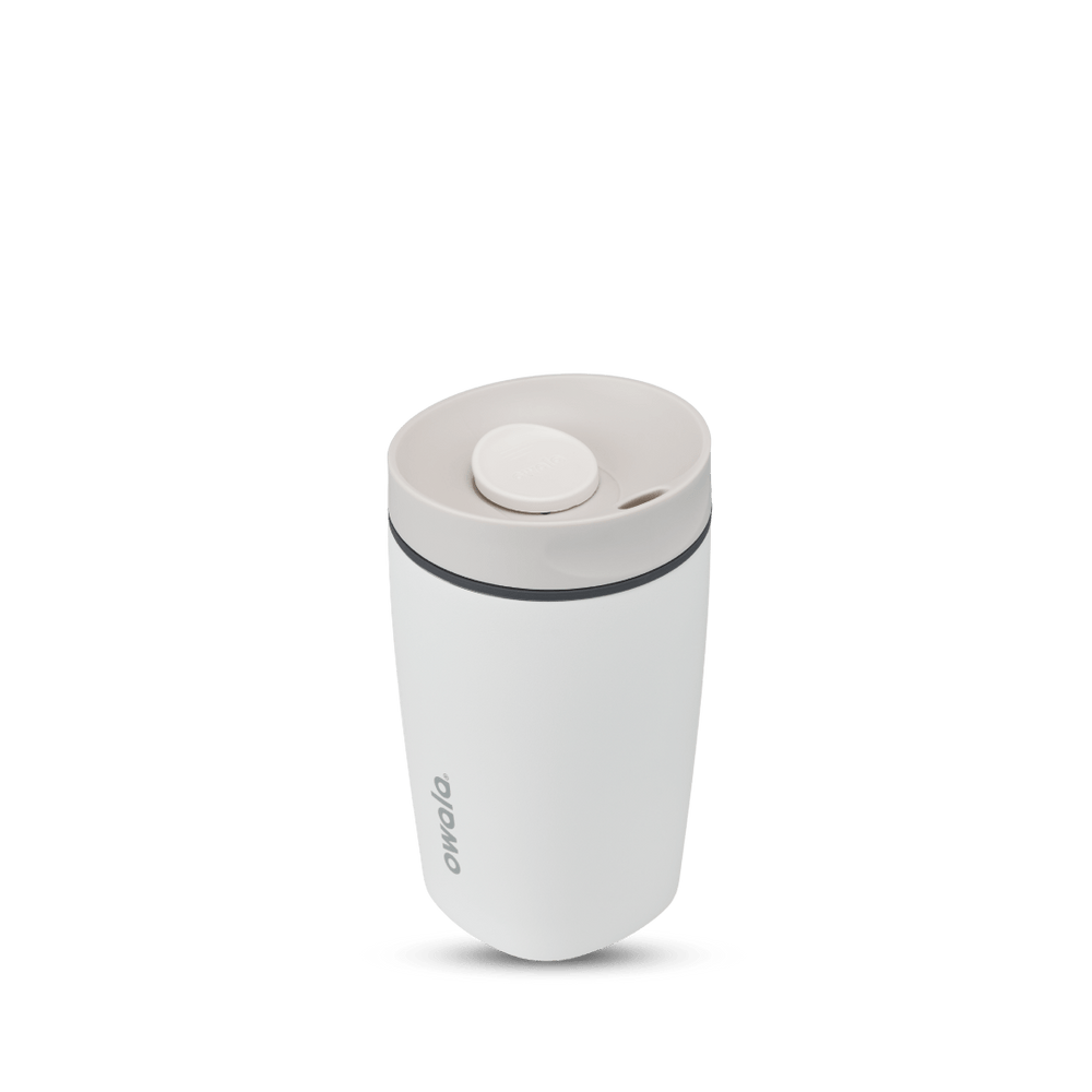 SmoothSip Slider 12oz in Shy Marshmallow, white body with off-white lid, white slider button, dark gray accent ring, and gray Owala logo
