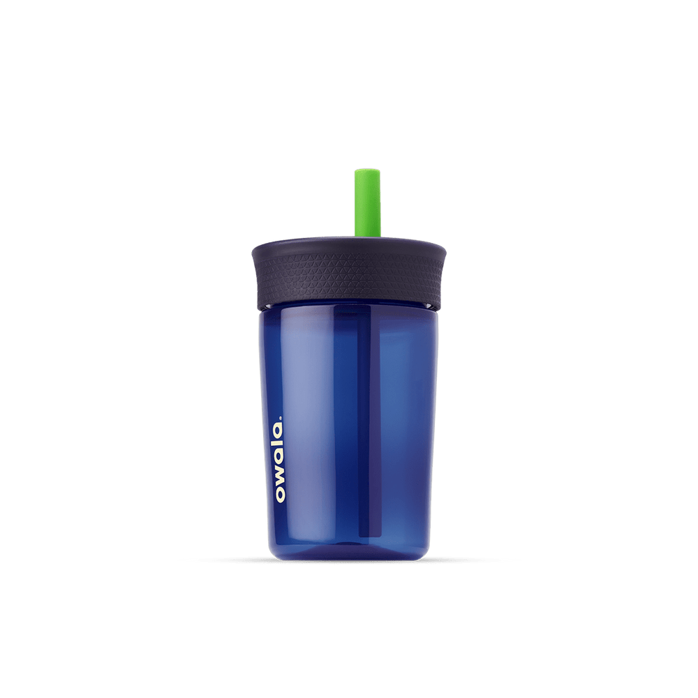 Kids' Tumbler 15oz in Home Base; translucent navy blue plastic body with dark navy lid and bright green straw, white Owala logo on front